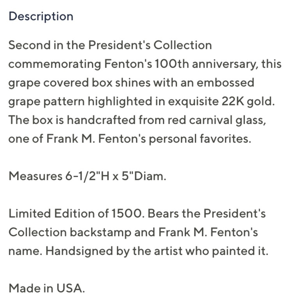 FENTON ART GLASS PRESIDENT’S COLLECTION LTD EDITION COVERED BOX W/ GRAPE… - Picture 14 of 14